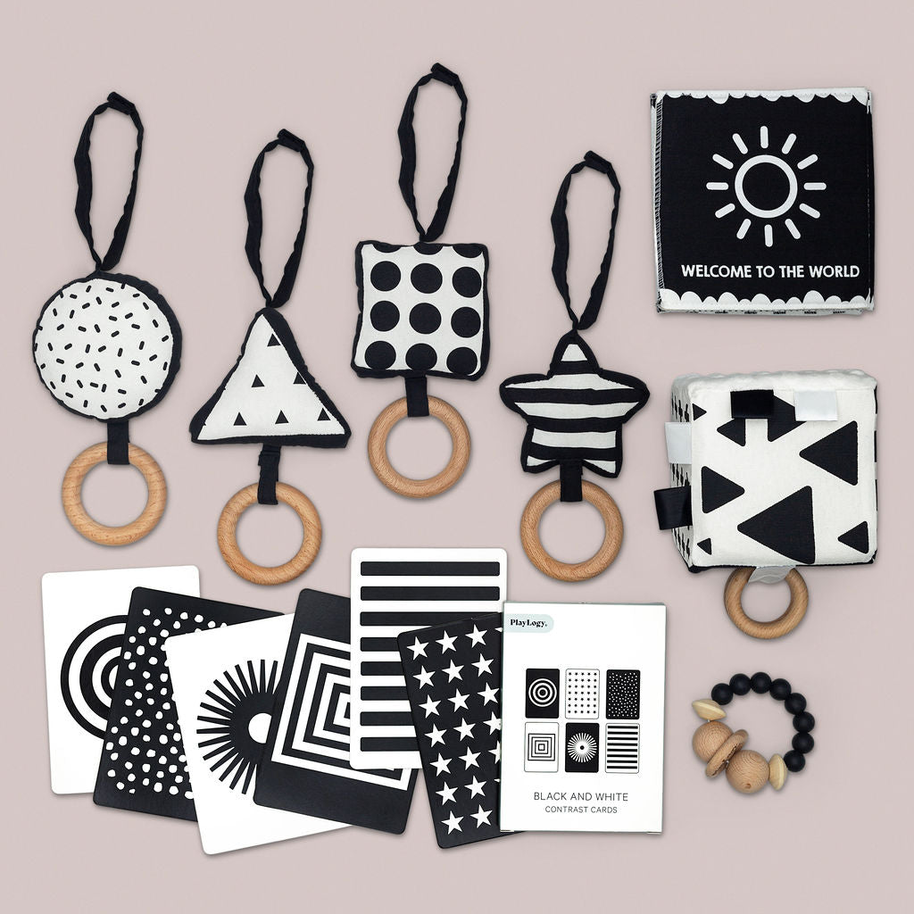 Black and white newborn baby toys.