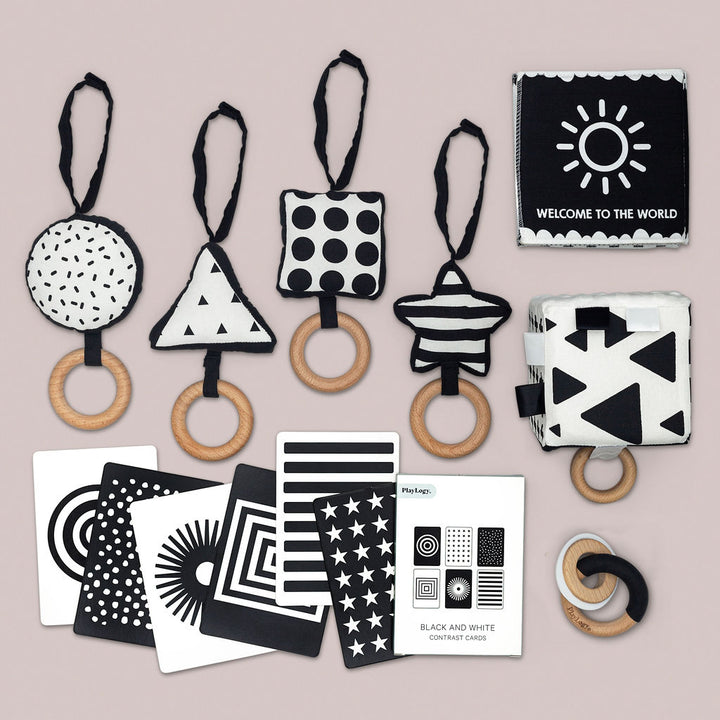 Black and white newborn baby toys.